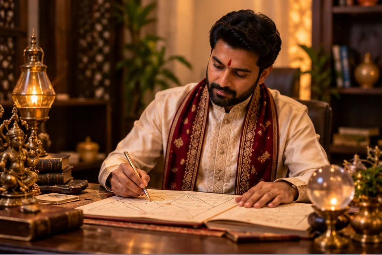 Illustrative image of an astrologer studying a birth chart