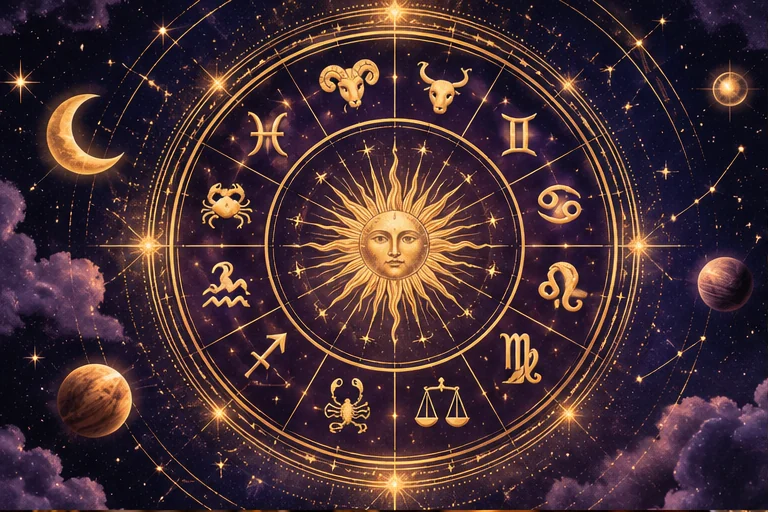 Original artwork showing a golden zodiac wheel against a celestial sky